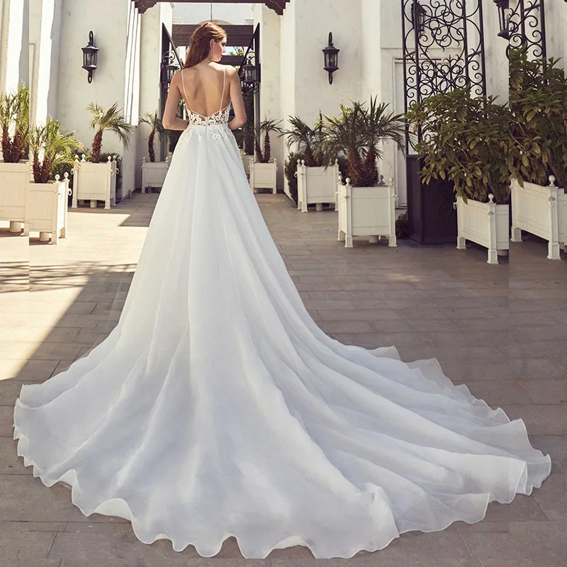 2021 nowe jasno suknia ślubna seksowna suknia ślubna z dekoltem w serek z wycięciem w pociągu Backless-line Beach Wedding Gwon Custiomize