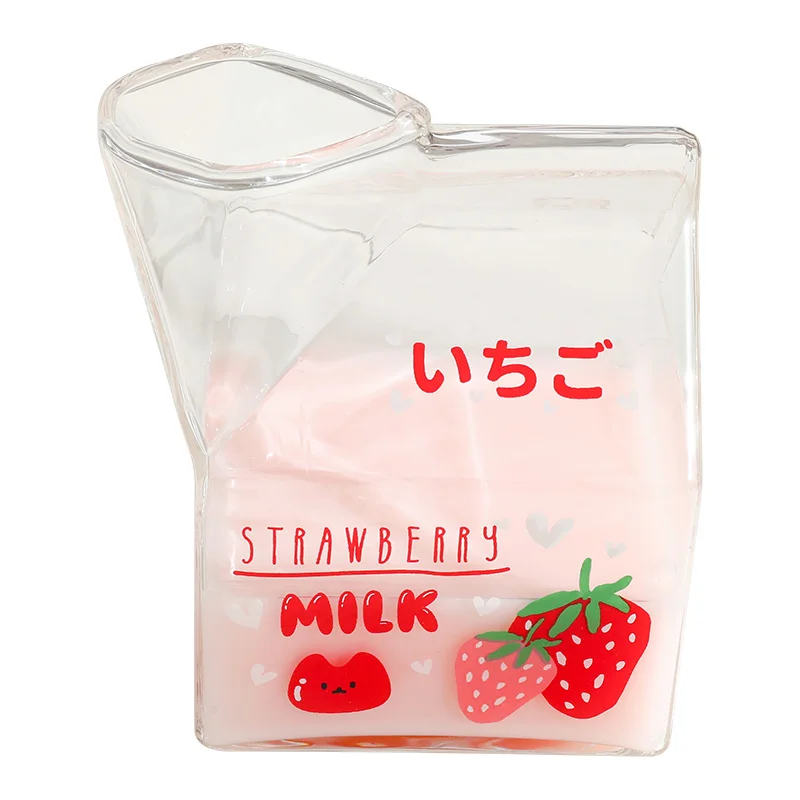 380ml Kawaii Square Milk Carton Glass Cup Cute Strawberry Creative Breakfast Cup For Home Portable Student Transparent Milk Cups