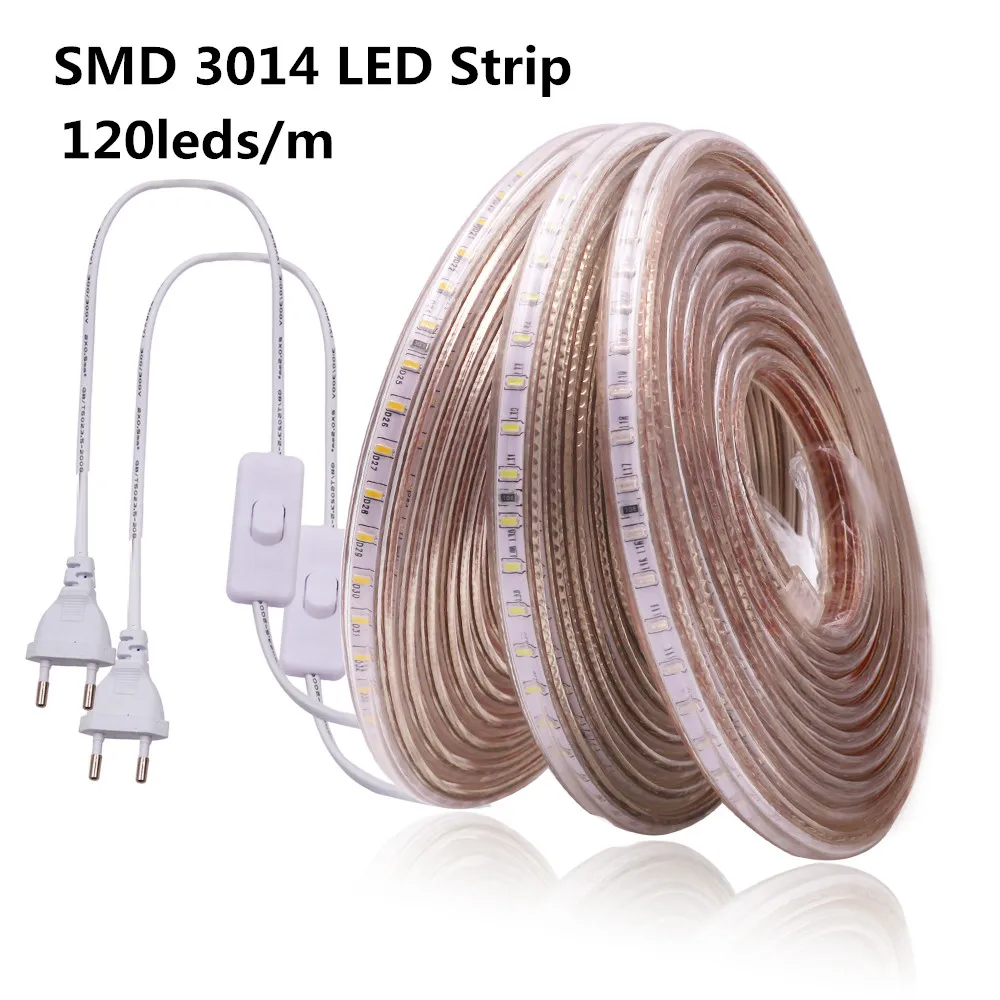 LED Strip EU 220 240V Waterproof IP67 Outdoor Rope White/Warm White/Blue SMD 3014 120LEDs/m LED Light Strip +EU Switch plug