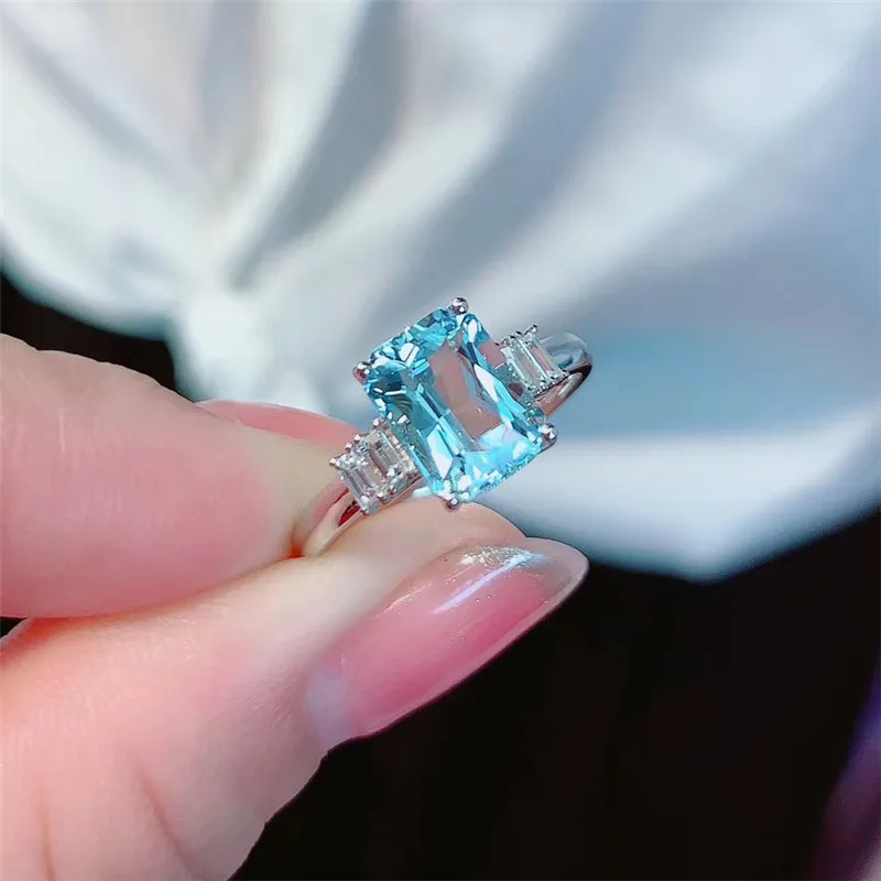 New jewelry fashion temperament rectangular shallow sea blue imitation Topa stone treasure opening ring female