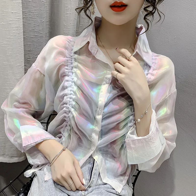 Summer Sunscreen Shirt Colorful Chiffon Shirt Long Sleeve Bright Color Loose Sunscreen Women Blouses Reflective Solid Color Top