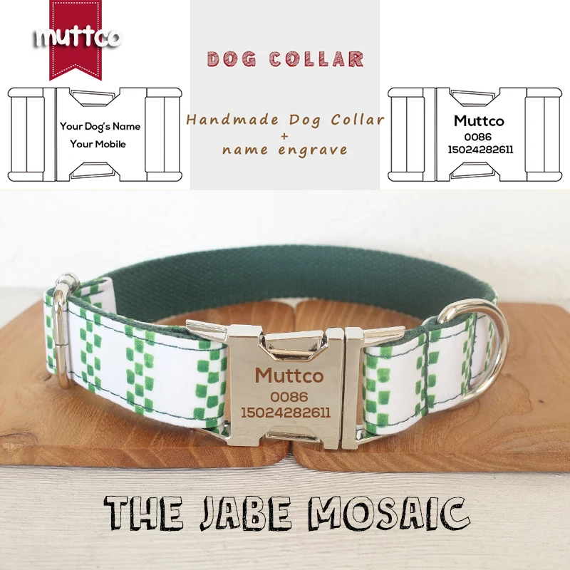 

MUTTCO engraved metal buckle dog collar THE JABE MOSAIC handmade poly satin and nylon 5 sizes dog collar UDC095