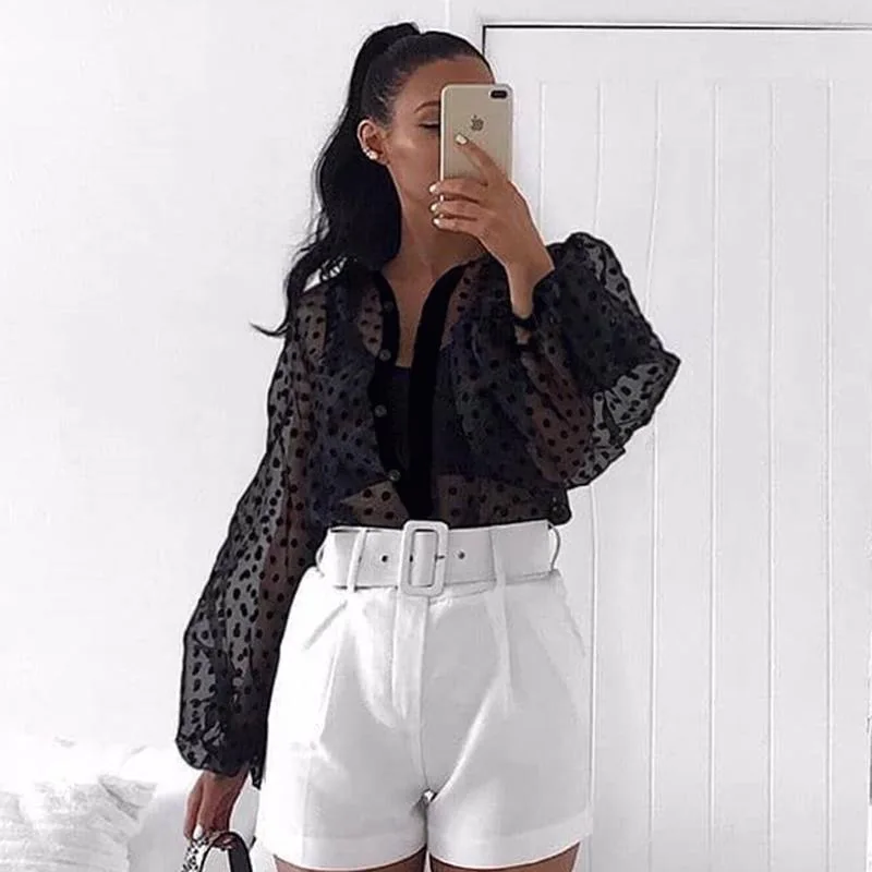 Fashion sexy Women Mesh Sheer See-through dot puff Sleeve Single breasted lapel Pearl Button Transparent T-Shirt office Blusas