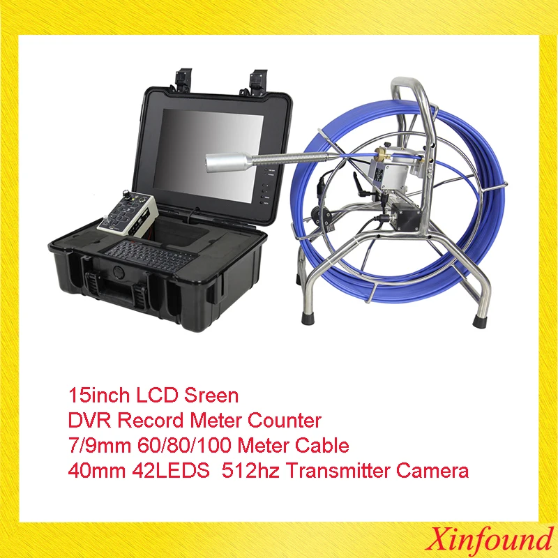 

40mm 42LEDS Pipe Inspection Camera System 15inch Sreen Hard Cable Blue 7mm 60meter DVR Meter Counter 512hz Transmitter