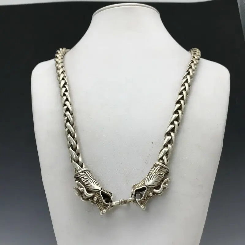 

Old Chinese Tibet silver hand carved dragon head necklace