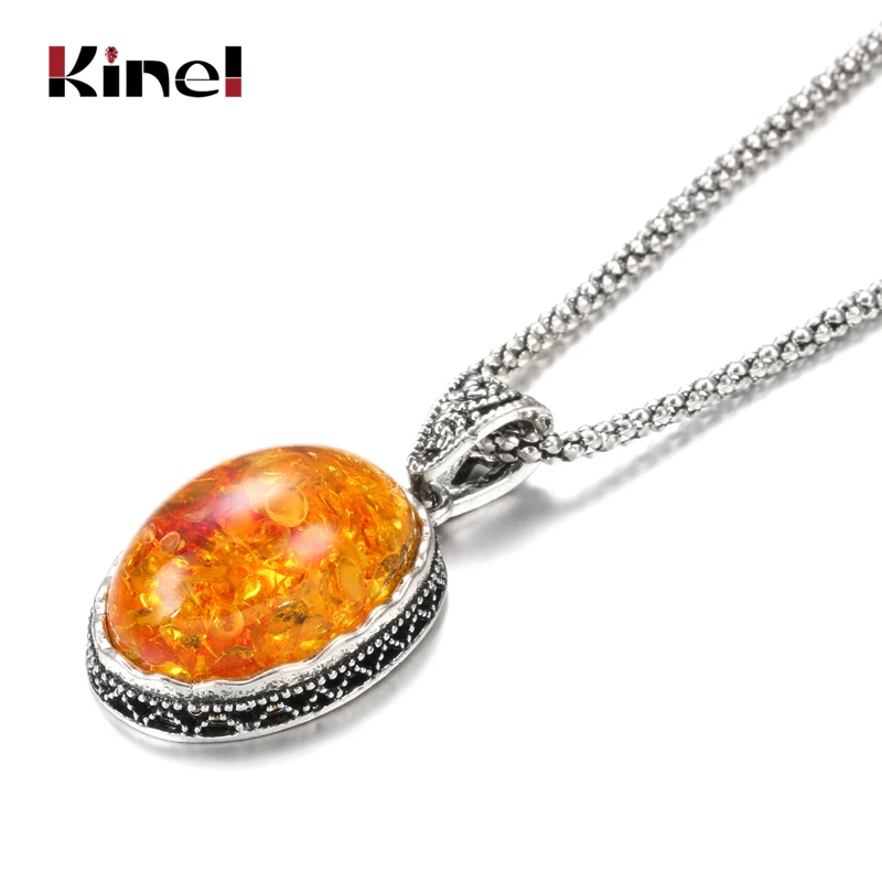 Kinel Luxury Simulated Ambers Necklace For Women Tibetan Silver Oval Flower Pendant Ethnic Wedding Boho Jewelry