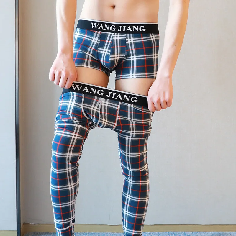 2PCS Men Sleep Bottoms Sets Long Johns Boxer Shorts Plaid Printed Male Trunk Pajamas Cotton Underwear Panties Plus Size M-XXL