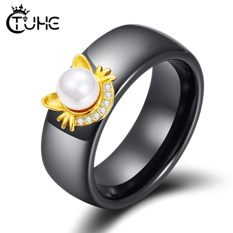 Fashion Jewelry Women Ceramic Ring With Cute Cat Pearl Gold Color 925 Sliver 8mm Ceramic Rings For Women Wedding Accessories