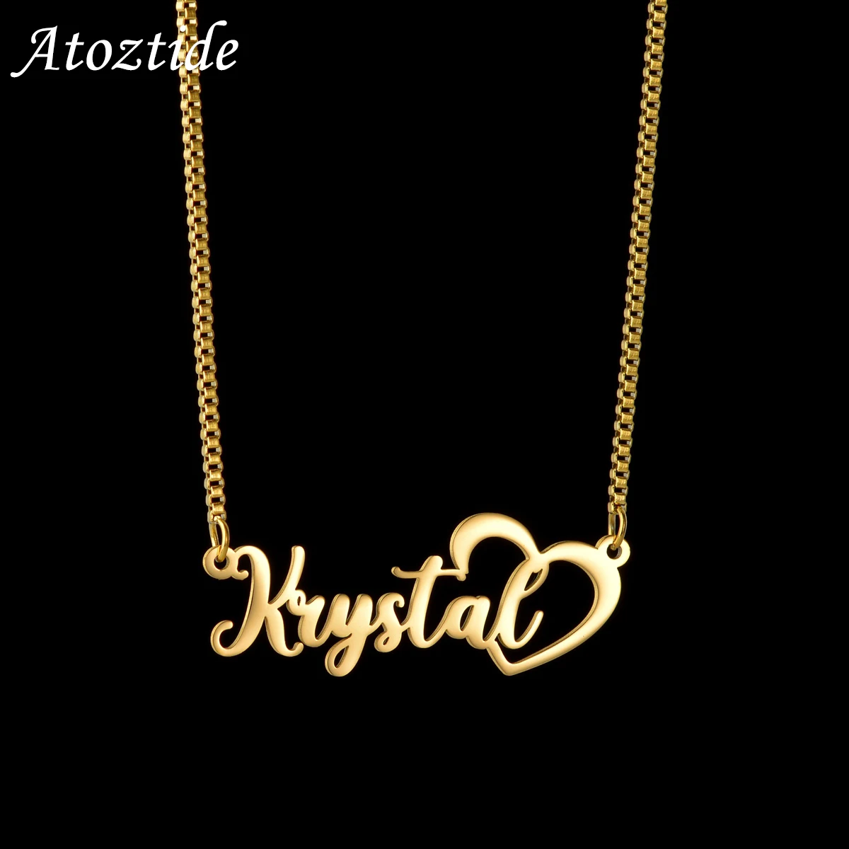 Atoztide Custom Name Necklace Heart Personalized Box Chain Stainless Steel Letter Nameplate Pendant for Women Jewelry Gift