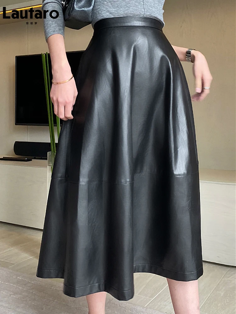 Lautaro Autumn High waisted long leather skirt women with button a line Black midi soft Light faux leather skirts for women 2021