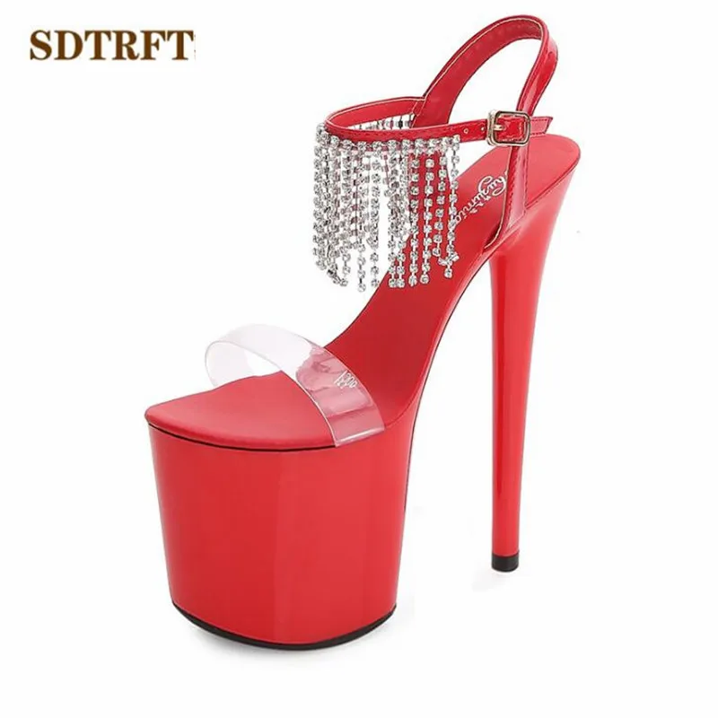 SDTRFT Stilettos zapatos mujer 20cm thin heels platform diamond Tassels sandals Buckle Crystal shoes woman Party Dance pumps