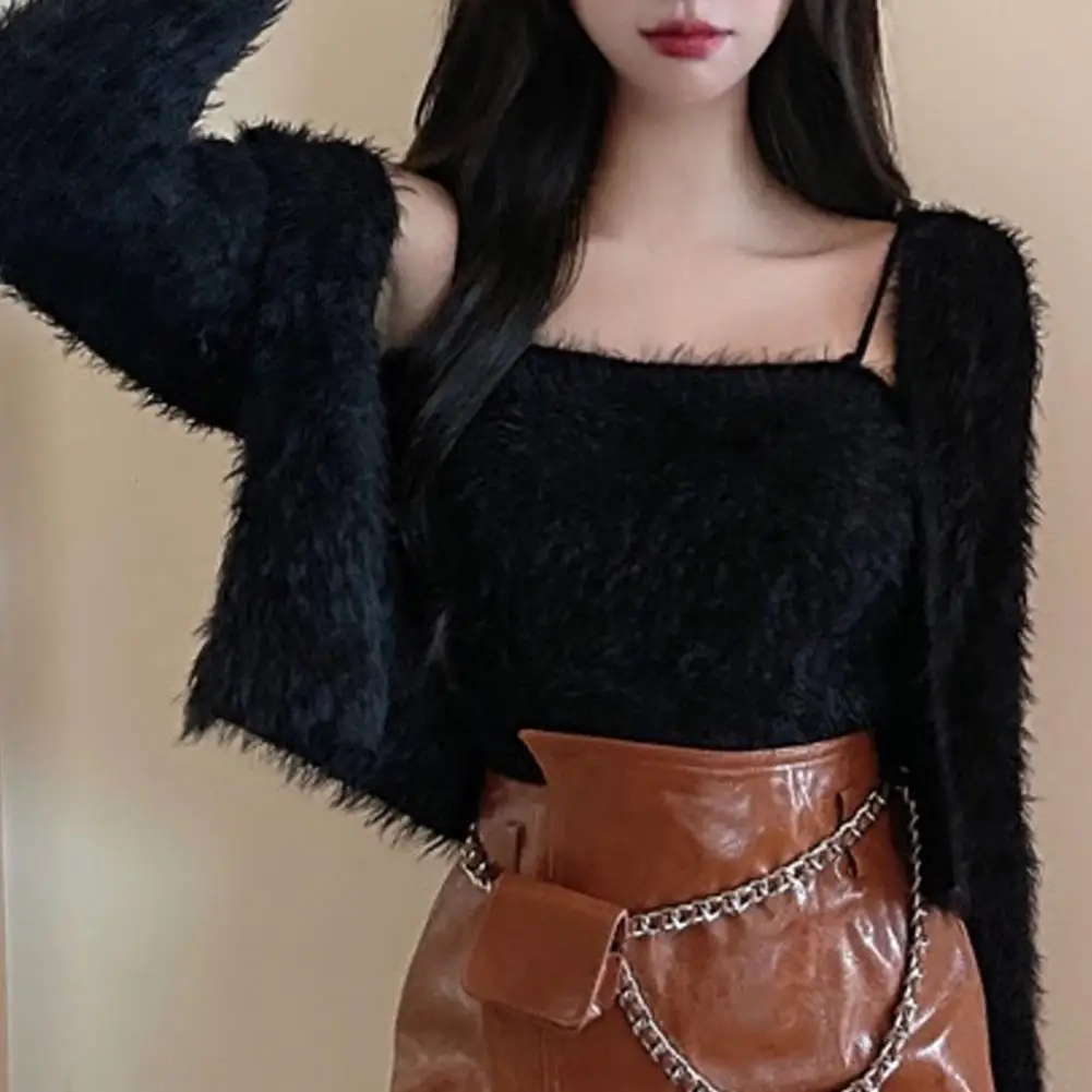 2Pcs/Set Fluffy Vest Coat Women Girls Sexy Long Sleeve Short Camisole Sling Vest Open Stitch Coat Women Two Piece