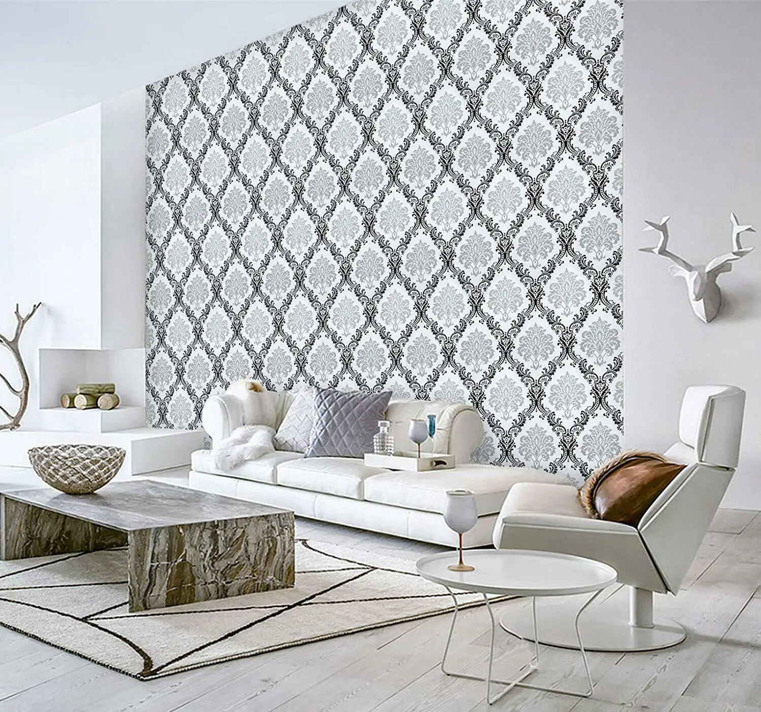 HaoHome-papel tapiz de vinilo autoadhesivo, revestimiento de pared de Damasco, contacto extraíble, color blanco y negro