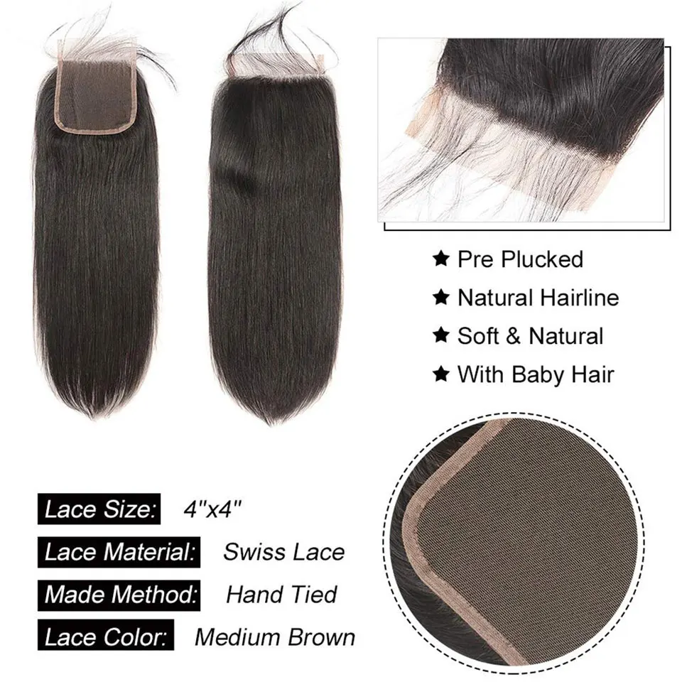 Miss Black Brazilian Straight Hair 3/4 Bundles Human Hair Extension With 4*4 Lace Closure Double Weft Bundles With Closure Swiss