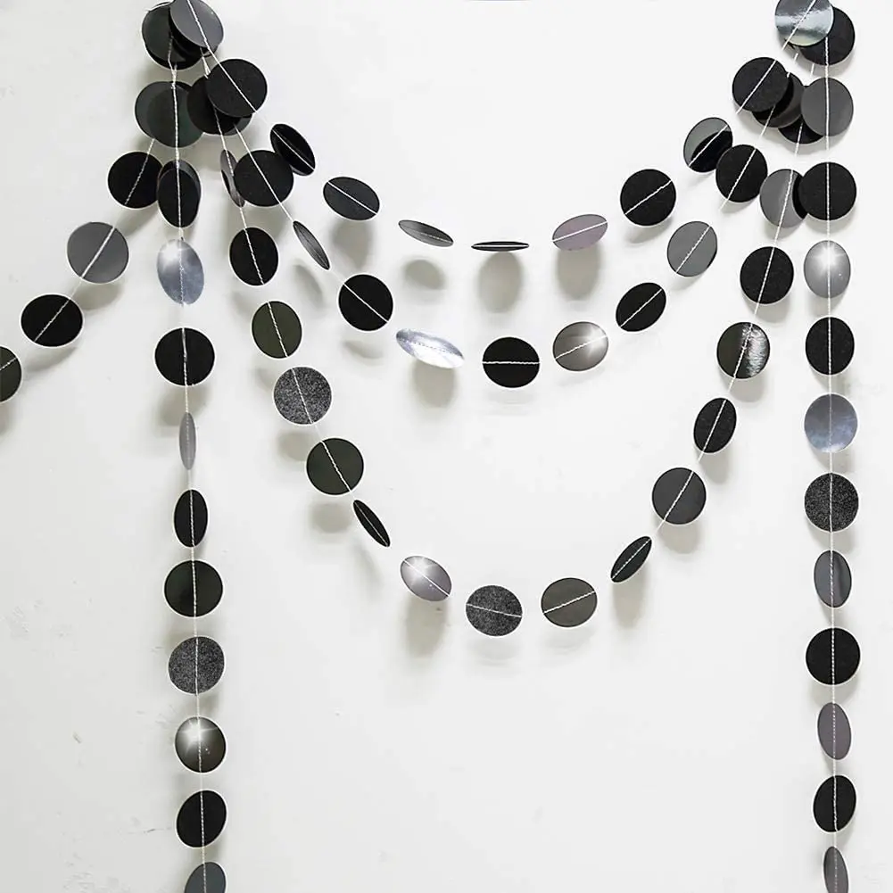 13Ft Glitter Black Paper Circle Garland Strings Halloween Party Decoration Hanging Polka Dots Streamer for New Year Bachelorette