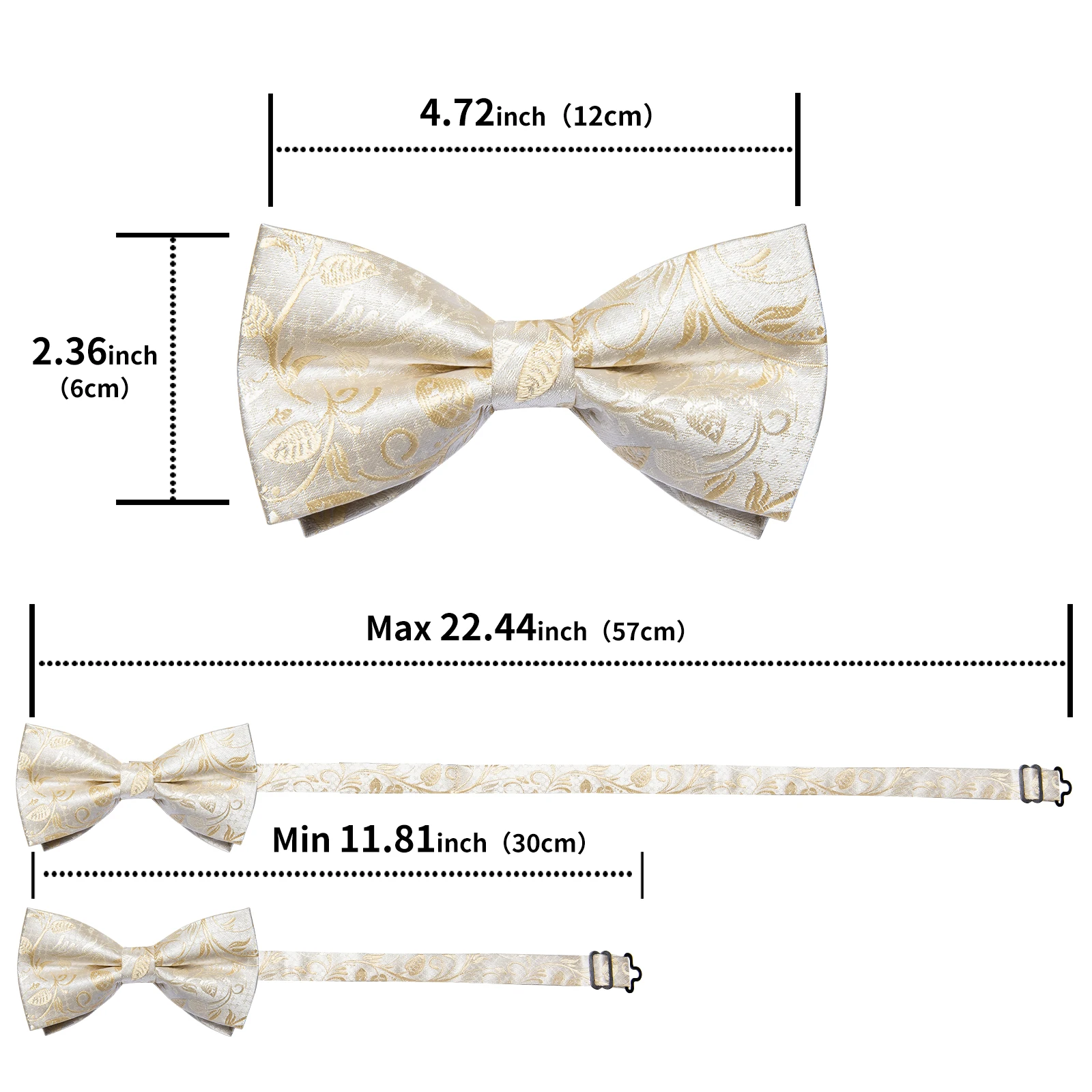 Herren-Fliege 3-teiliges Set Schwarz-Gold Blumenmuster Vorgebundene Fliege Manschettenknöpfe Einstecktuch-Set für Hochzeit Party Herren-Krawatte – Detail 2