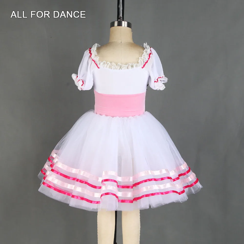 20529 สีขาวชีฟองแขนสั้นโรแมนติก Tutu กระโปรงผ้ากันเปื้อนขนาดเล็กสาว Ballerina Dance เครื่องแต่งกายบัลเล่ต์ Tutu ชุด Leotard