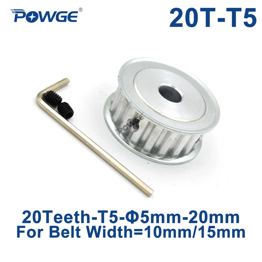 POWGE 20 Teeth T5 Timing Synchronous pulley Bore 5/6/6.35/7/8/10/12/14/15/16/17/19/20mm for belt width 10/15mm Gear 20teeth 20T