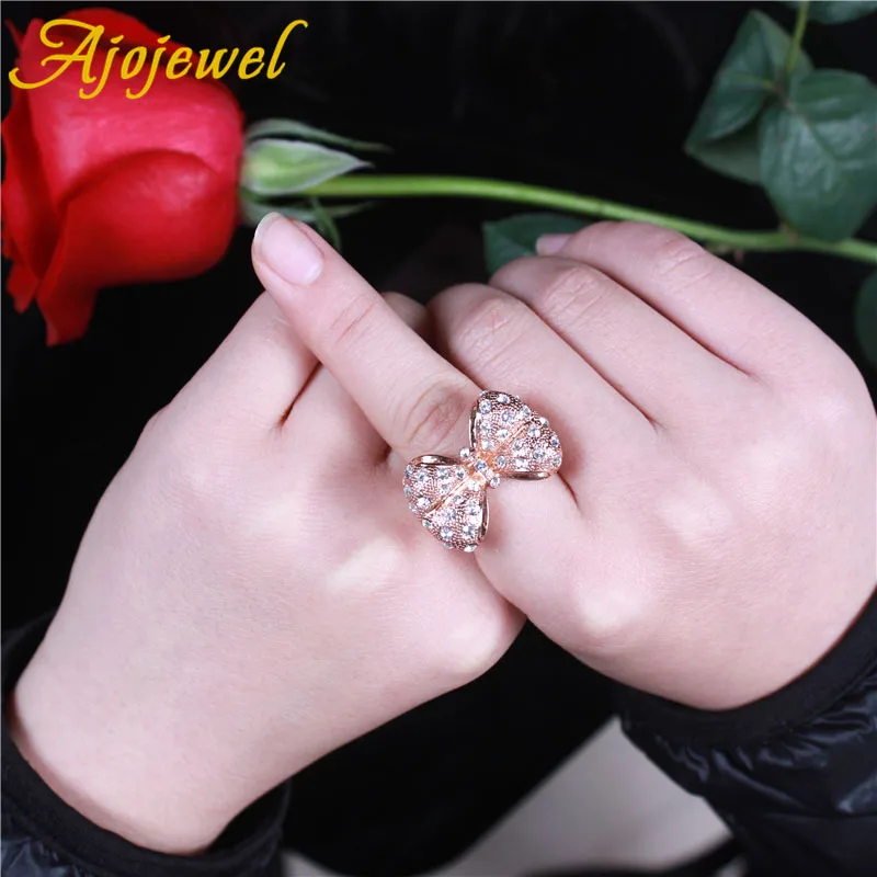 Ajojewel Exaggerated Large Bowknot Ring For Women With Rhinestones Golden Finger Jewelry Beauty Gift For Girls Bague Fmme