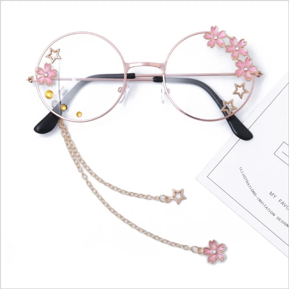 Anime Card Captor Sakura Cos Kinomoto Sakura Cartoon Sakura Glasses Cute Girls Pink Round Lolita Sakura Chain Eyewear Gift