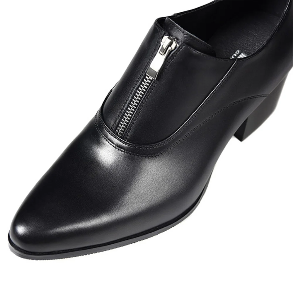 Spring Autumn Men Ankle 6CM High Heels Genuine Leather Pointed Toe Casual Dress Shoes Zipper Closure Business Wedding Shoes