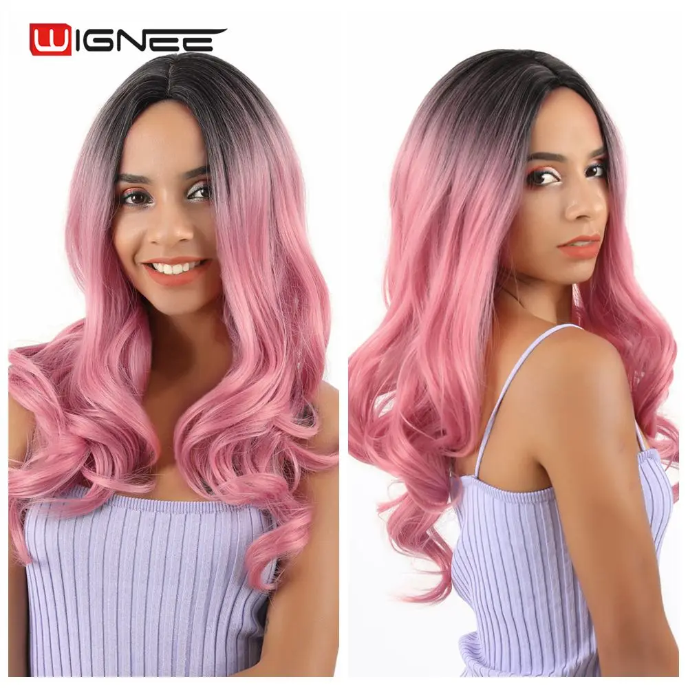 Wignee – perruque synthétique longue ondulée 2 tons, rose ombré, résistante à la chaleur, sans colle, faux cheveux naturels, pour femmes