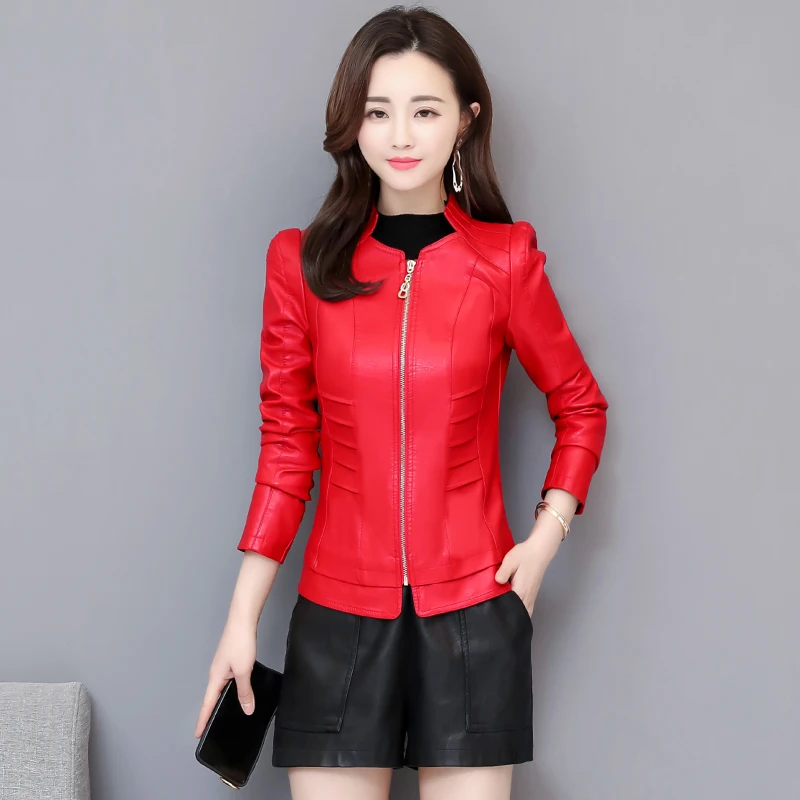 Jaket Kulit Imitasi Wanita Musim Semi Musim Gugur Baru 2023 Mantel Ritsleting Mode Wanita Pakaian Luar Motor Ramping Pesepeda Domba Skinjacket