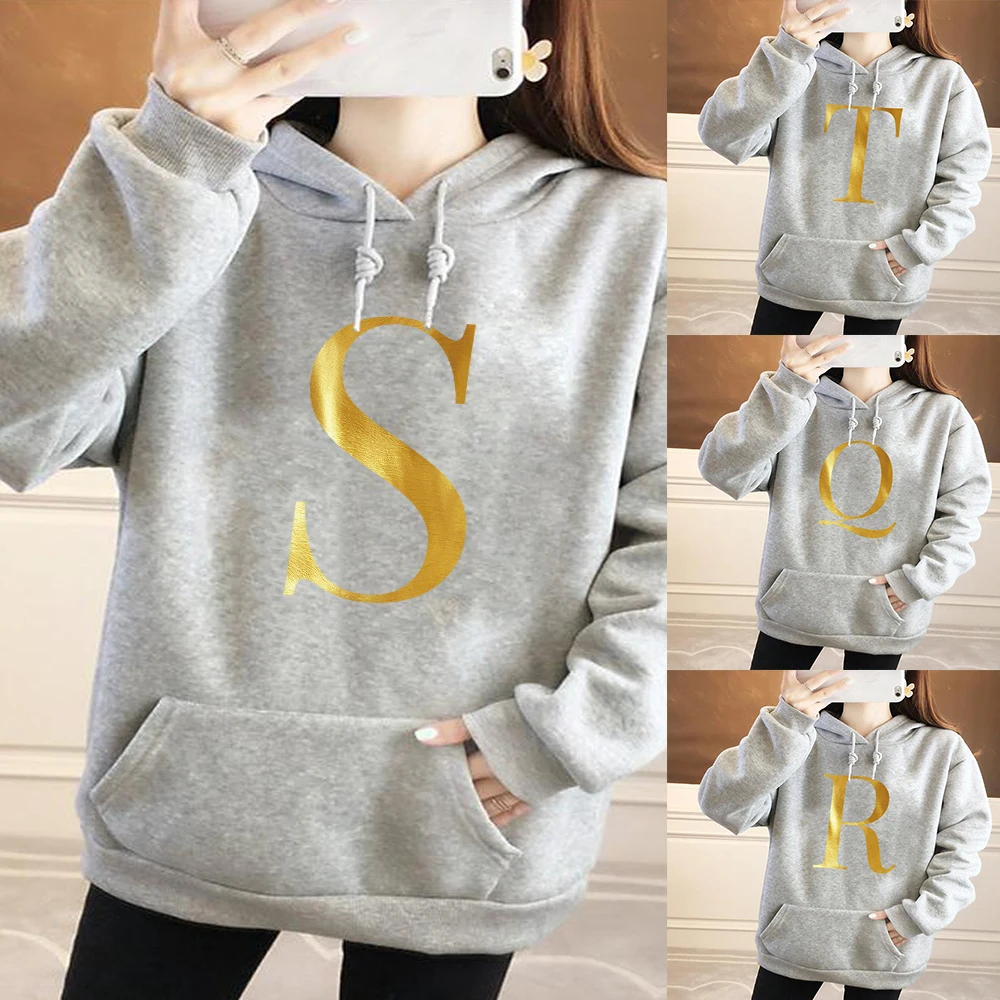 

Female Sweatshirt 2021year Hoodie Harajuku Bronzing Letter Series Printing Kpop Casual Hooded Sweatshirts Pullover Shirt