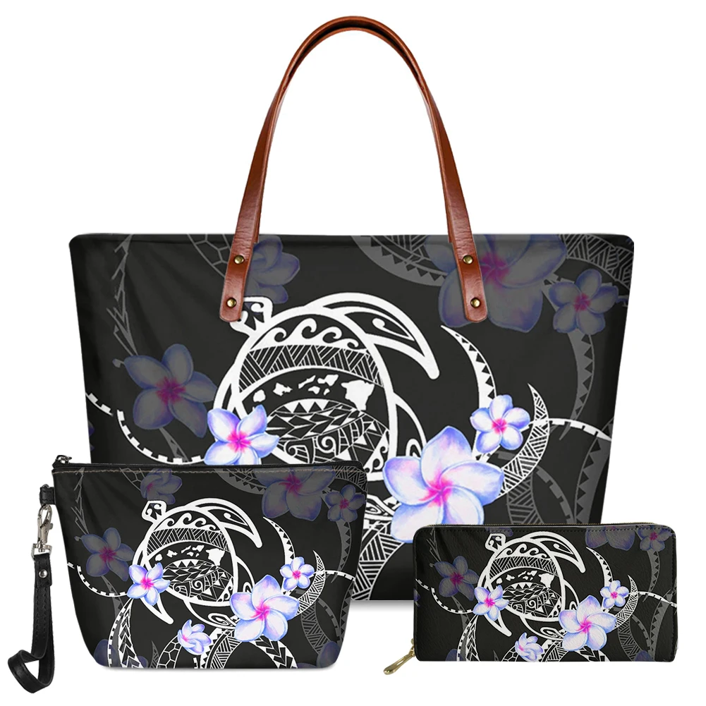 Fashion Women Handbags Luxury Polynesian Tribal Turtle Style Tote Bags for Female Long Leather Wallets sac 3pcs/Set