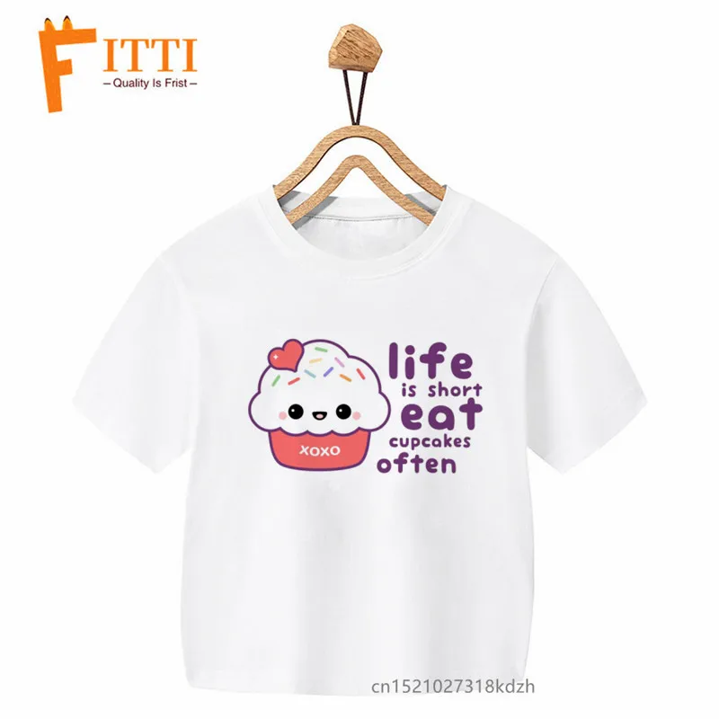 Cute Cupcakes Rainbow Print Boys/Girls White T-shirt Kid Summer Harajuku Kawaii Funny Clothes Little Baby Y2K Clothes,Drop Ship