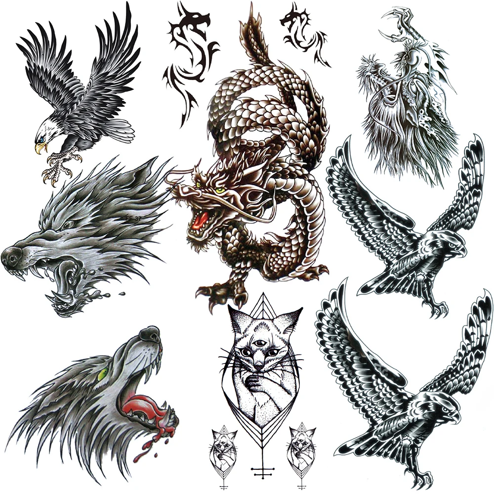 

Ferocious Dragon Temporary Tattoos For Men Women Realistic Eagles Tattoo Sticker Geometric Cat Lion Fake Tatoos Faucet Body Arms