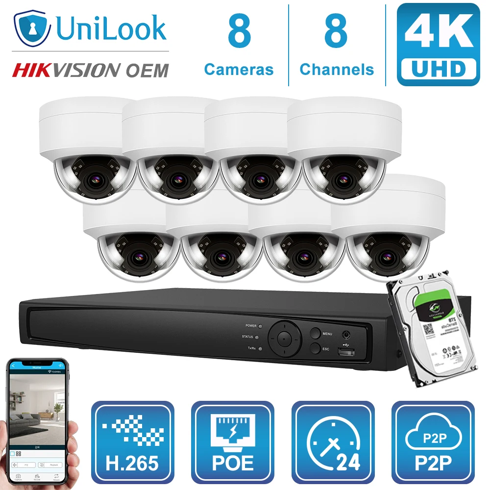 Unilook OEM 4K Camera System 8CH NVR 8MP Dome POE IP Camera Outdoor Security Night Vision OEM H.265 P2P NVR Kits