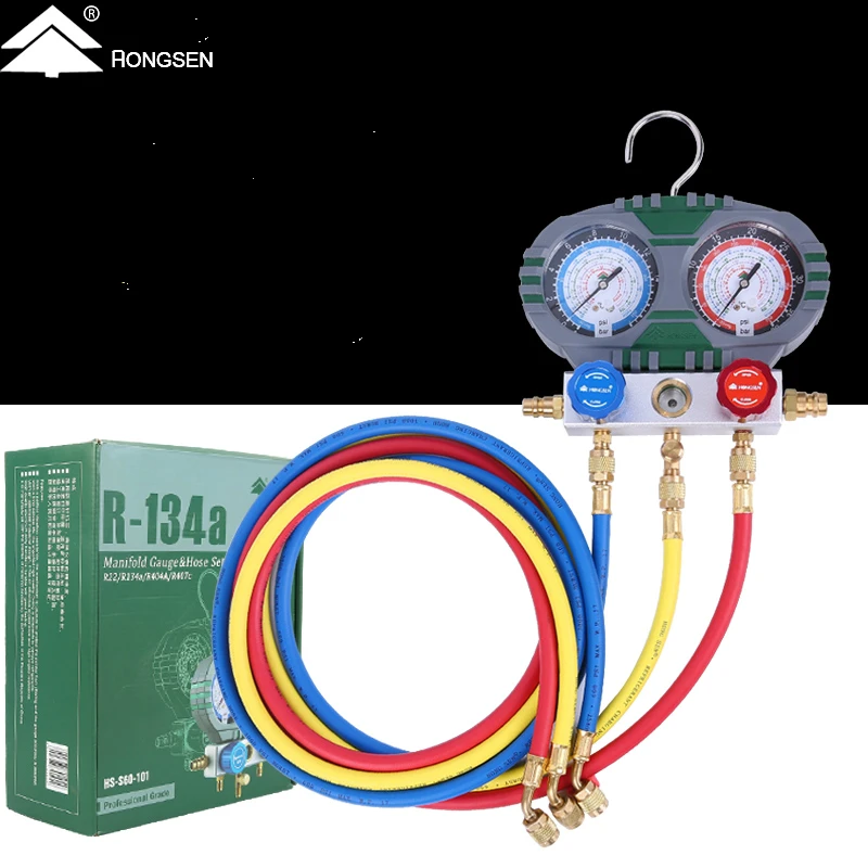 HONGSEN R134-A Refrigerant Manifold Gauge Set Air Conditioning Tools with Hose and Hook for R12 R22 R404A R134A Refrigeration