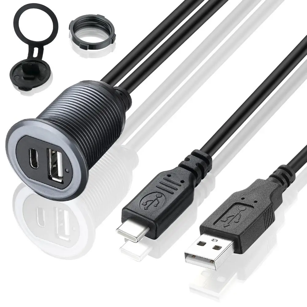 Bochara Flush Mount Panel USB Male to Female+Type C Male to Female Extension Cable Shielded With Indicator Light