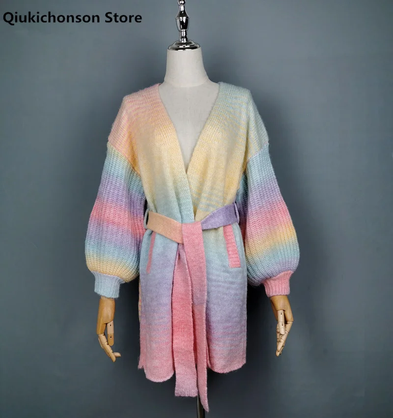 Qiukichonson Vintage Gradient Rainbow Striped Cardigan Knit Women Lantern Sleeve Tunic Belted Cardigan Coat Gardigan pull femme