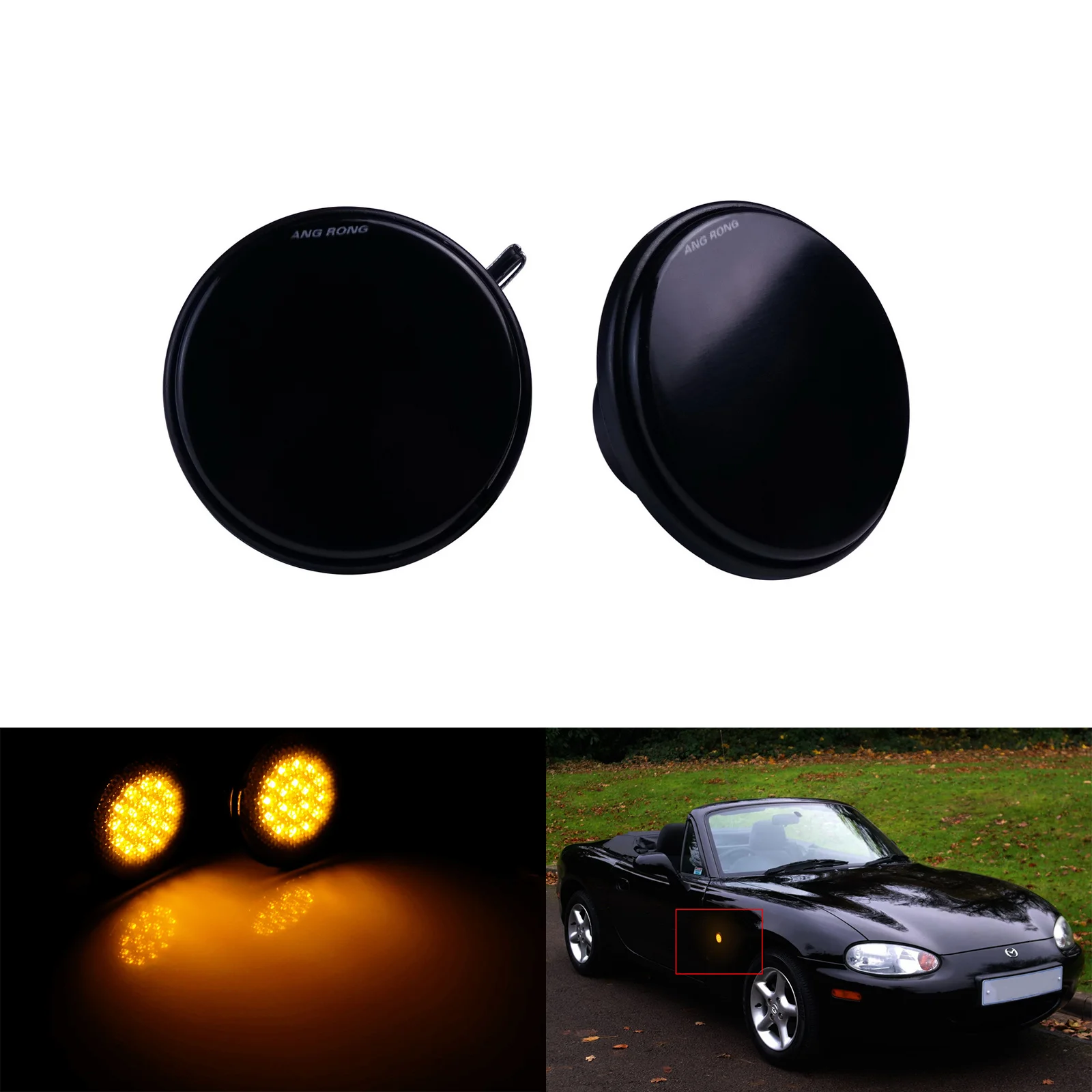 ANGRONG 2X Black Smoked Lens LED Side Indicator Repeater Light Amber For Mazda MX-5 MK I II NA NB