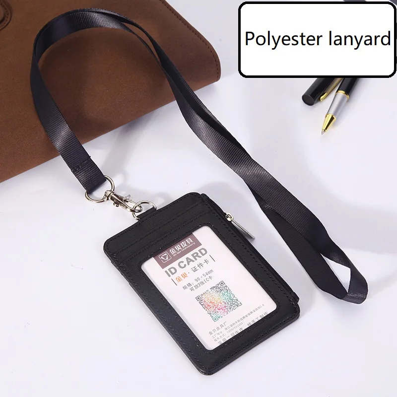 PU Leather ID Badge Holder with Zipper Porte Bus Pass Case Cover Slip Men Women\'s Bank Credit Card Holder with Polyester Lanyard