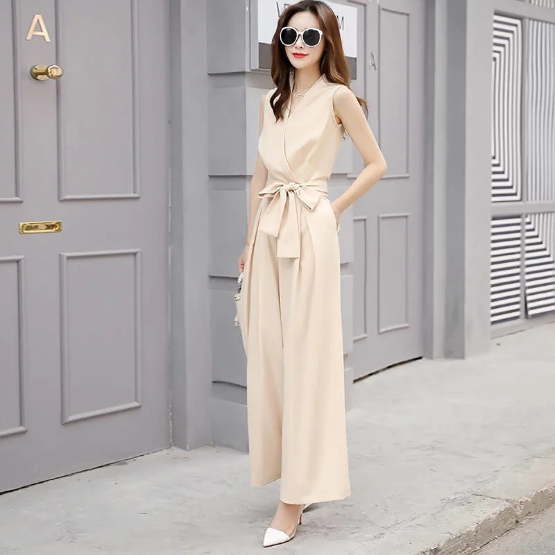 Wide Leg Pant Women 2021 Summer New Fashion Leisure V-neck Slim Jumpsuit Student Korean Sleeveless Vest Rompers Birthday Outfits