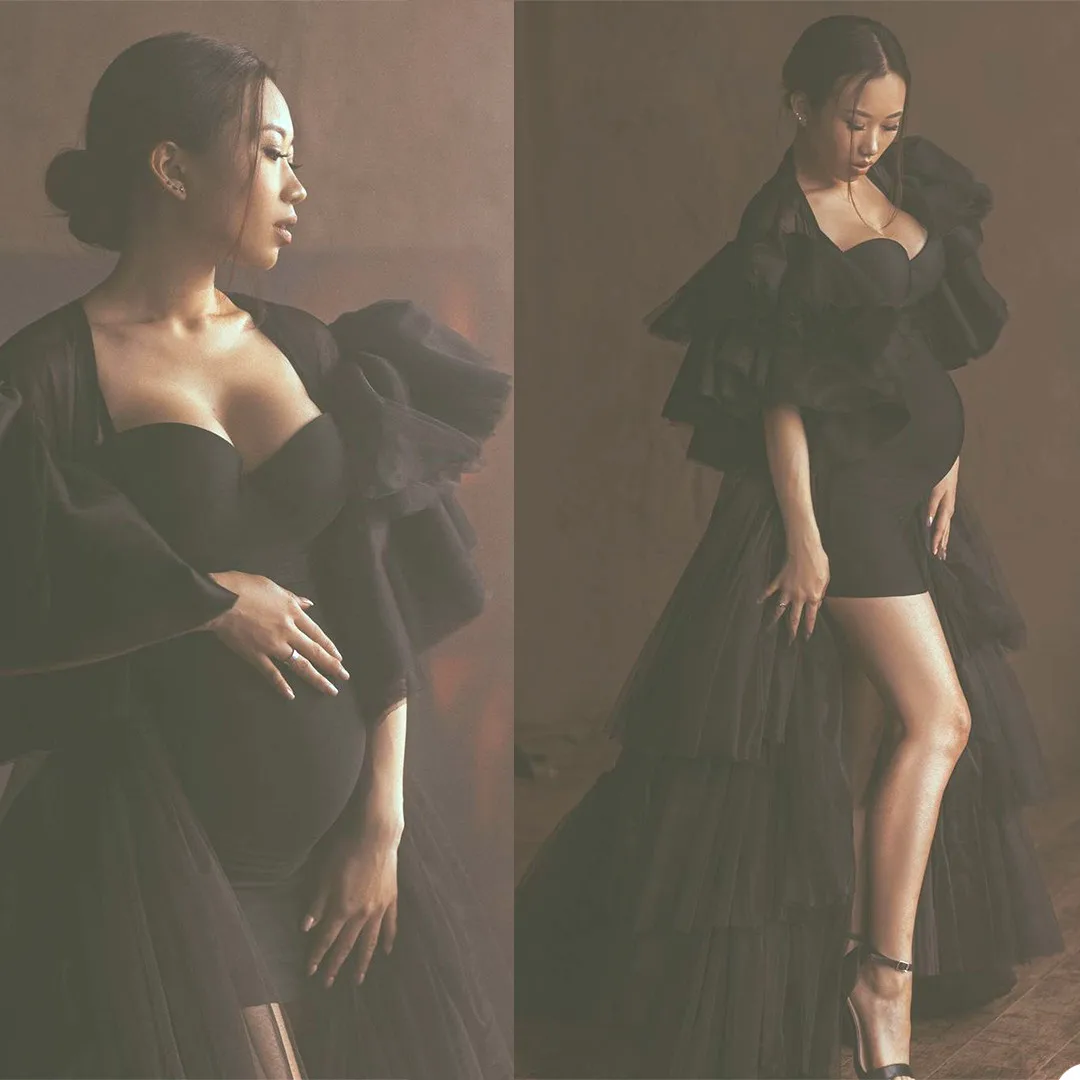 Fashion Pregnant Women Photoshoot Dress Sleepwear Black Tiered Ruffles Long Sleeve Party Evening Gown Bathrobe Nightdress