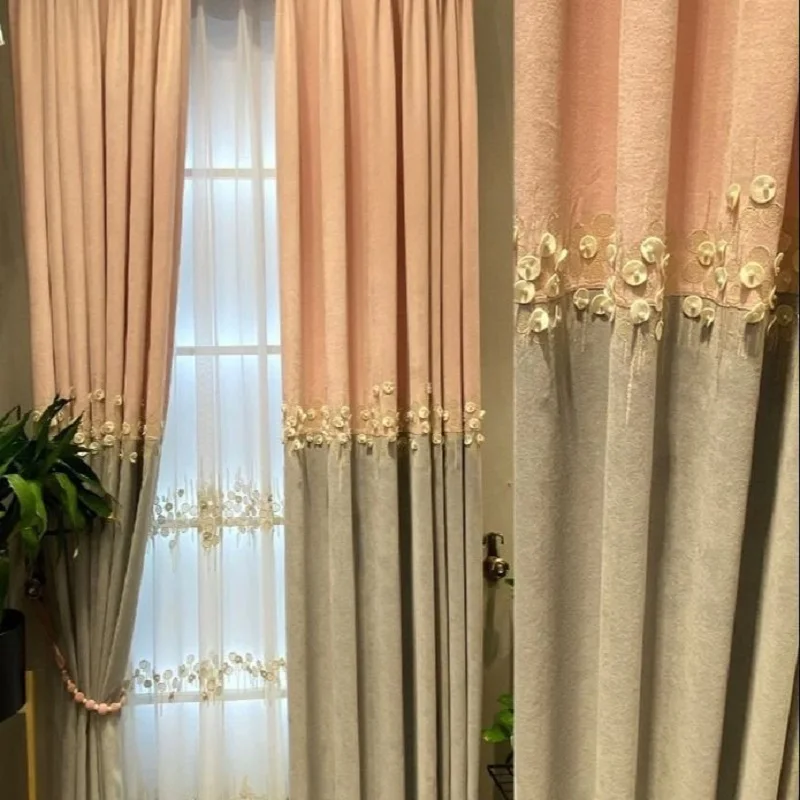 Light Luxury Seamless Stitche Curtains for Living Room Bedroom American Pastoral Style Curtain Window Treatment Home Decoration