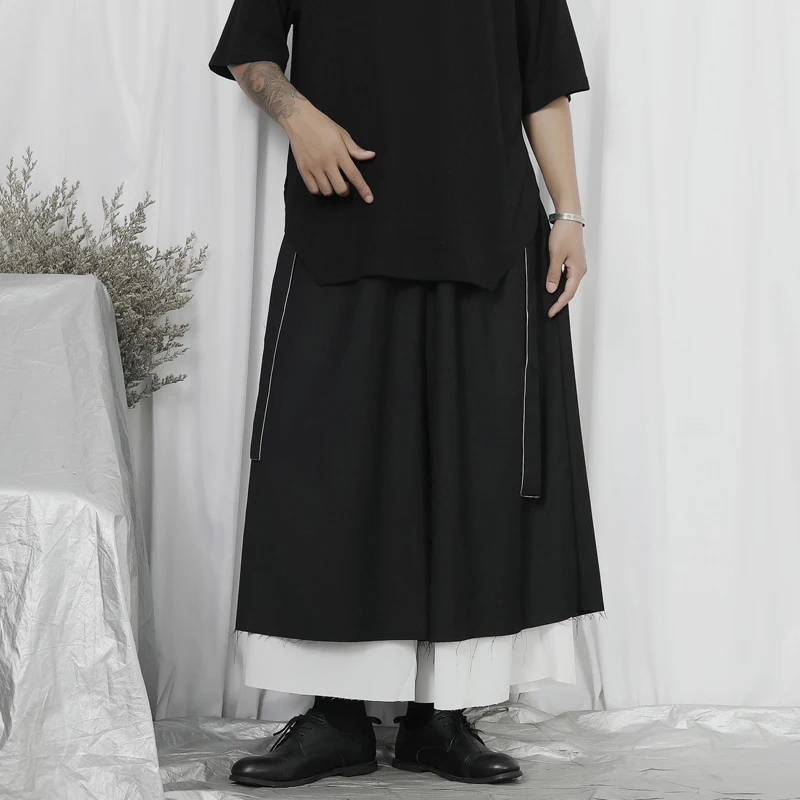 

Men's Wide Leg Pants Casual Pants Autumn New Large Flared Pants Japanese Fashion Black And White Patchwork Capris