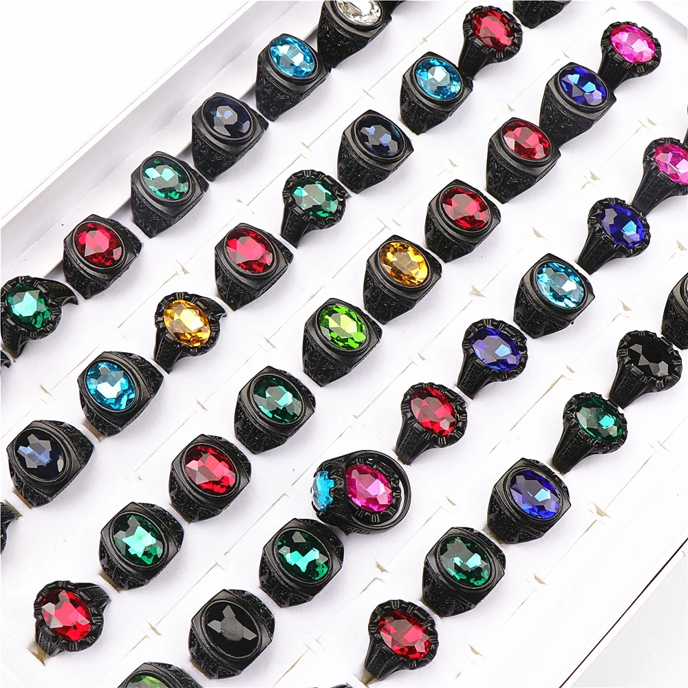 10Pcs/Lot Fashion Glass Colorful Imitation Gemstone Jewelry Rings For Men Women Mix Style Party Gifts