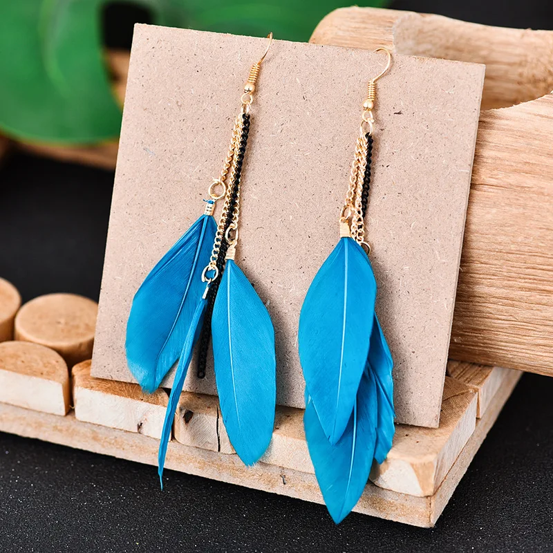 Summer Bohemian Corful Feather Long Earrings Kolczyki Fashion Vintage Women\'s Chain Tassel Dangle  Earrings