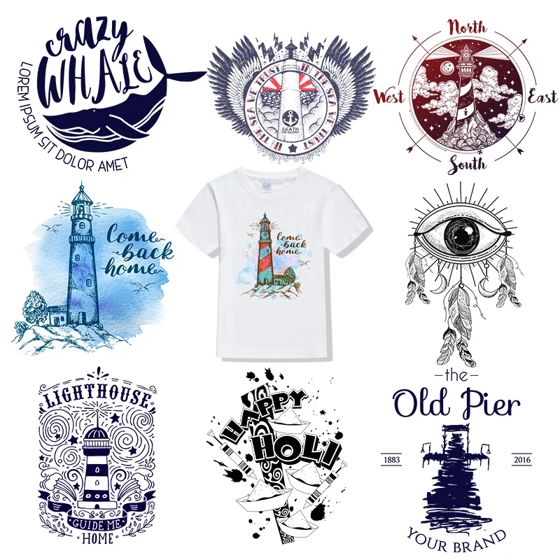 Ocean Guide Lighthouse Stripes Heat-sensitive Appliques Thermo Stickers On Clothes Transfer Fusible Clothing Custom Tops