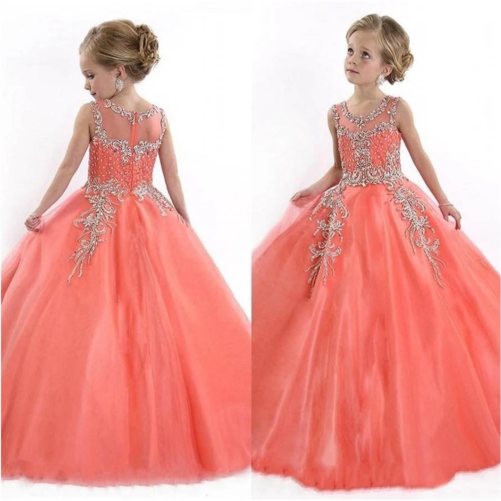 

Girls Pageant Birthday Christmas Wedding Party Events Kids Formal Wear O-Neck Beaded Sequins Crystal New Flower Girls Dresses