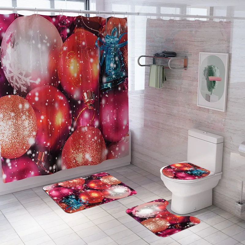 4PCS Waterproof Bathroom Shower Curtain Christmas Printed Bath Mats Toilet Seat Cover Set Floor Non-Slip Rugs Home Decor Carpets