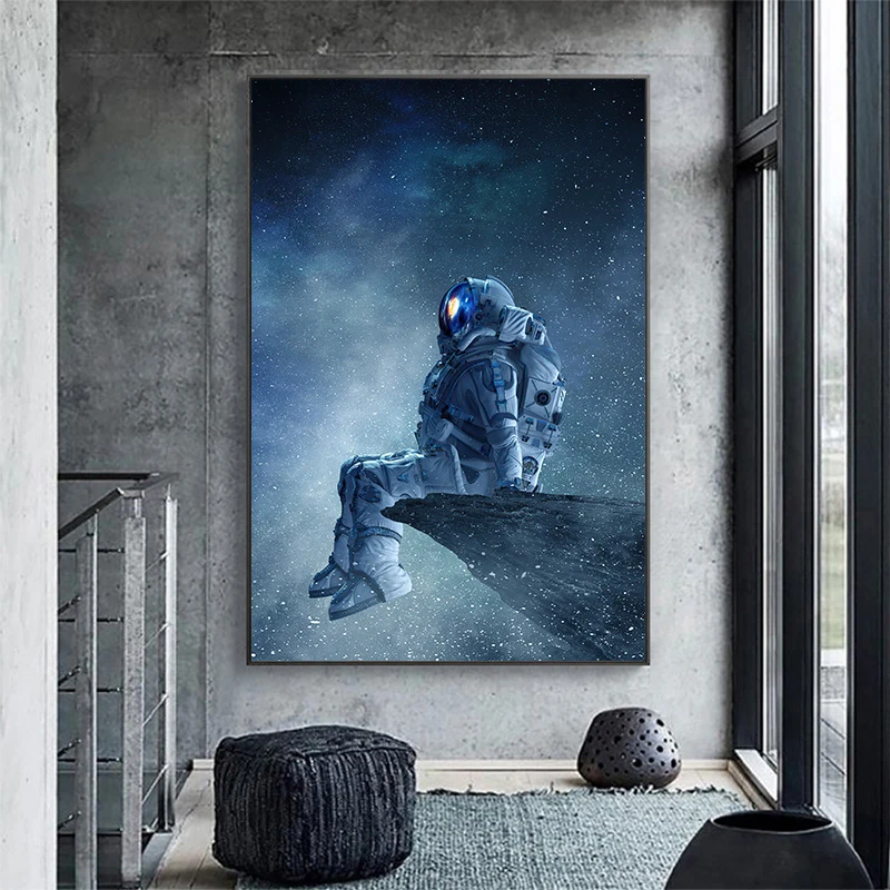 Modern Art Lonely Astronaut Sitting In Space Canvas Painting Posters and Prints Wall Art Pictures for Kids Bedroom Home Decor