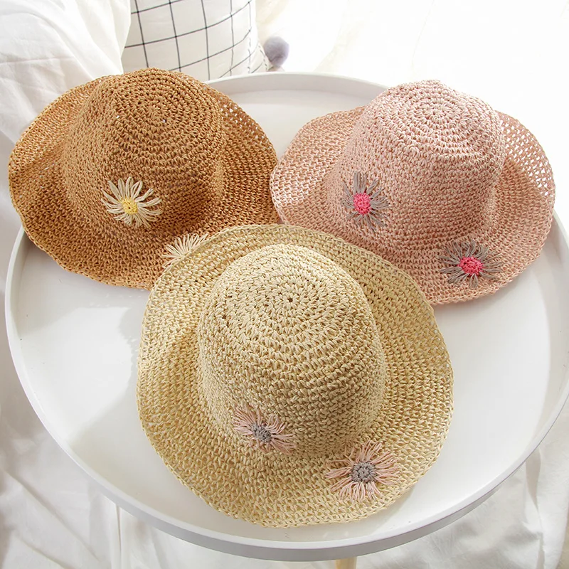 H7428 Girls Straw Sun Hat Spring Summer Kids Sunscreen Chrysanthemum Embroidery Cap Travel Vacation Leisure Breathable Hats