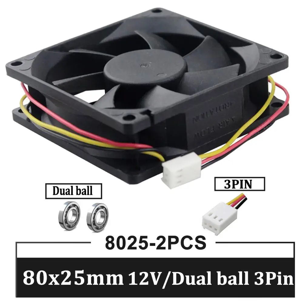 

Gdstime 2pcs 80mm DC 12V Computer Cooler Fan Desktop Cooling 3 Lines Heatsink 80mmx25mm Double ball Fans For PC Case radiator