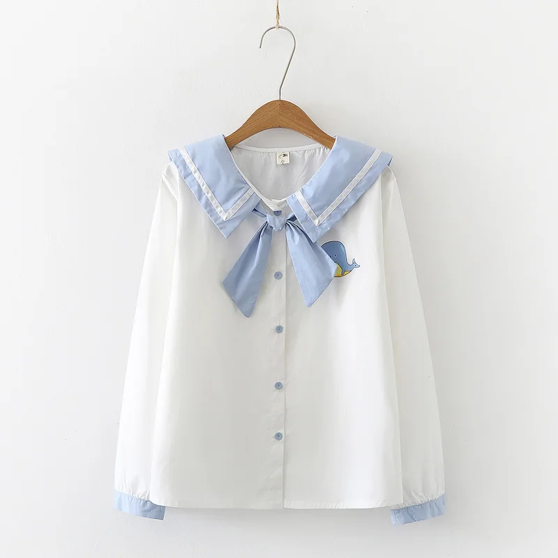 Vintage Sailor White Shirts Women Blouse Cute Bow Tie Front Kawaii Long Sleeve Top Girls Anime Cosplay Costume School JK Uniform